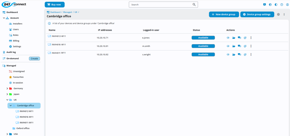 Web Portal with the Cambridge office device group selected under Managed. The main panel lists three devices by name, with associated IP addresses, logged-in users and status shown as Available in blue buttons. The Actions column includes icons for viewing, messaging, file transfer, and other options. At the top are buttons for New device group and Device group settings.